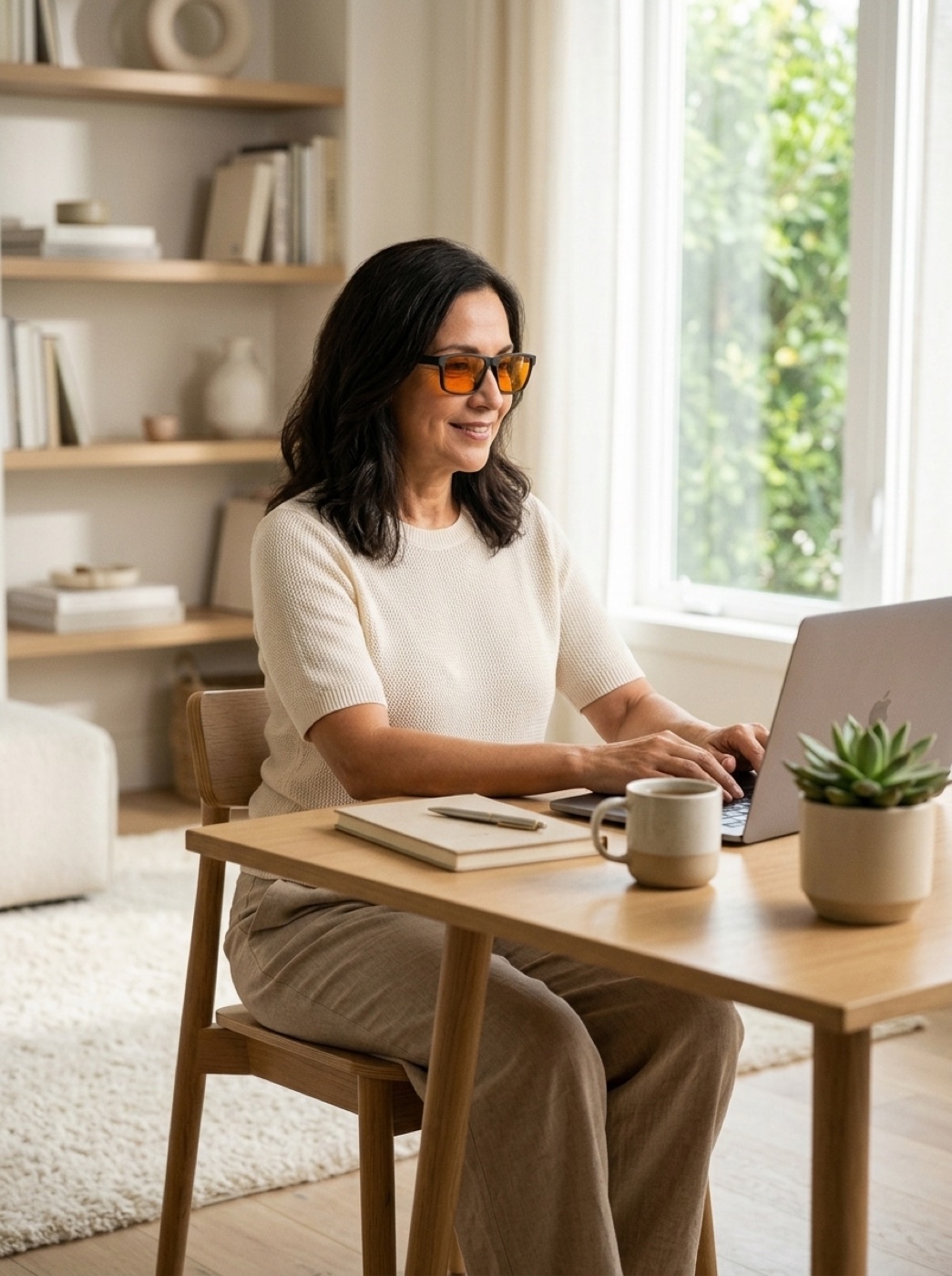 Mujer trabajando frente al computador con las NB LUX de lente naranja