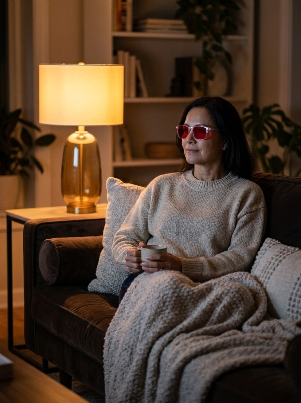 Mujer descansando de noche con las NB LUX de lente rojo