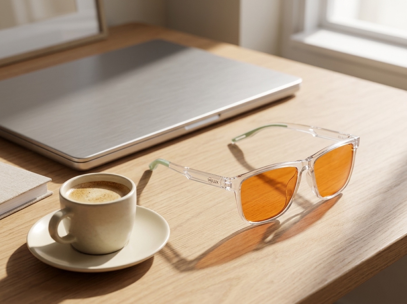 Clear Amber sobre el escritorio con luz de mañana