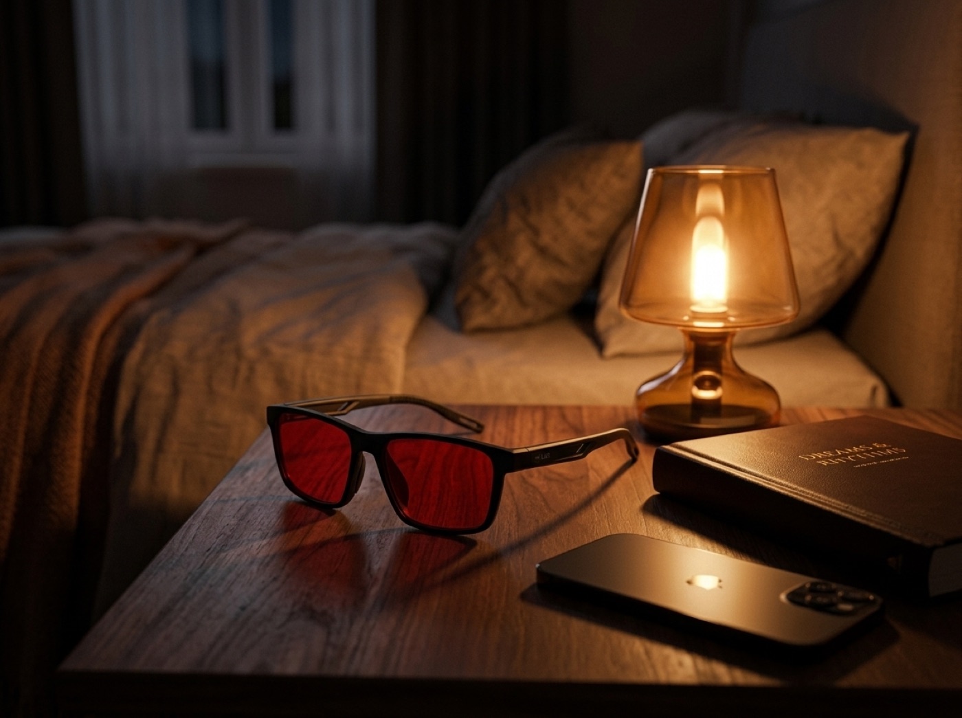 Shadow Red en la mesa de noche junto a la lámpara